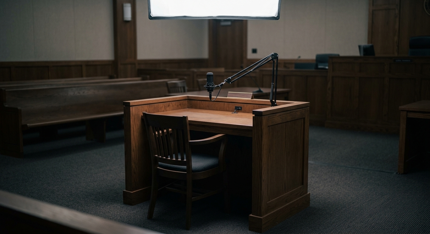 West Virginia empty courtroom witness stand with a small condenser microphone on an adjustable
