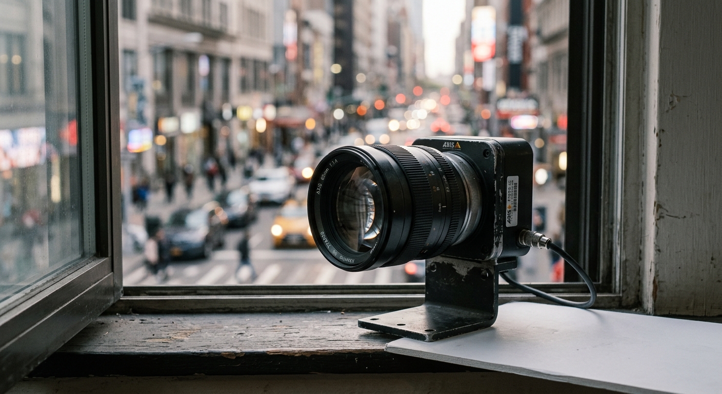 West Virginia surveillance camera lens in sharp focus with a blurred urban streetscape behind