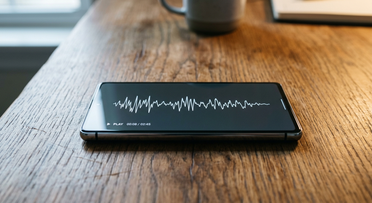 Wisconsin smartphone screen showing a simple waveform audio visualization, resting on a wo