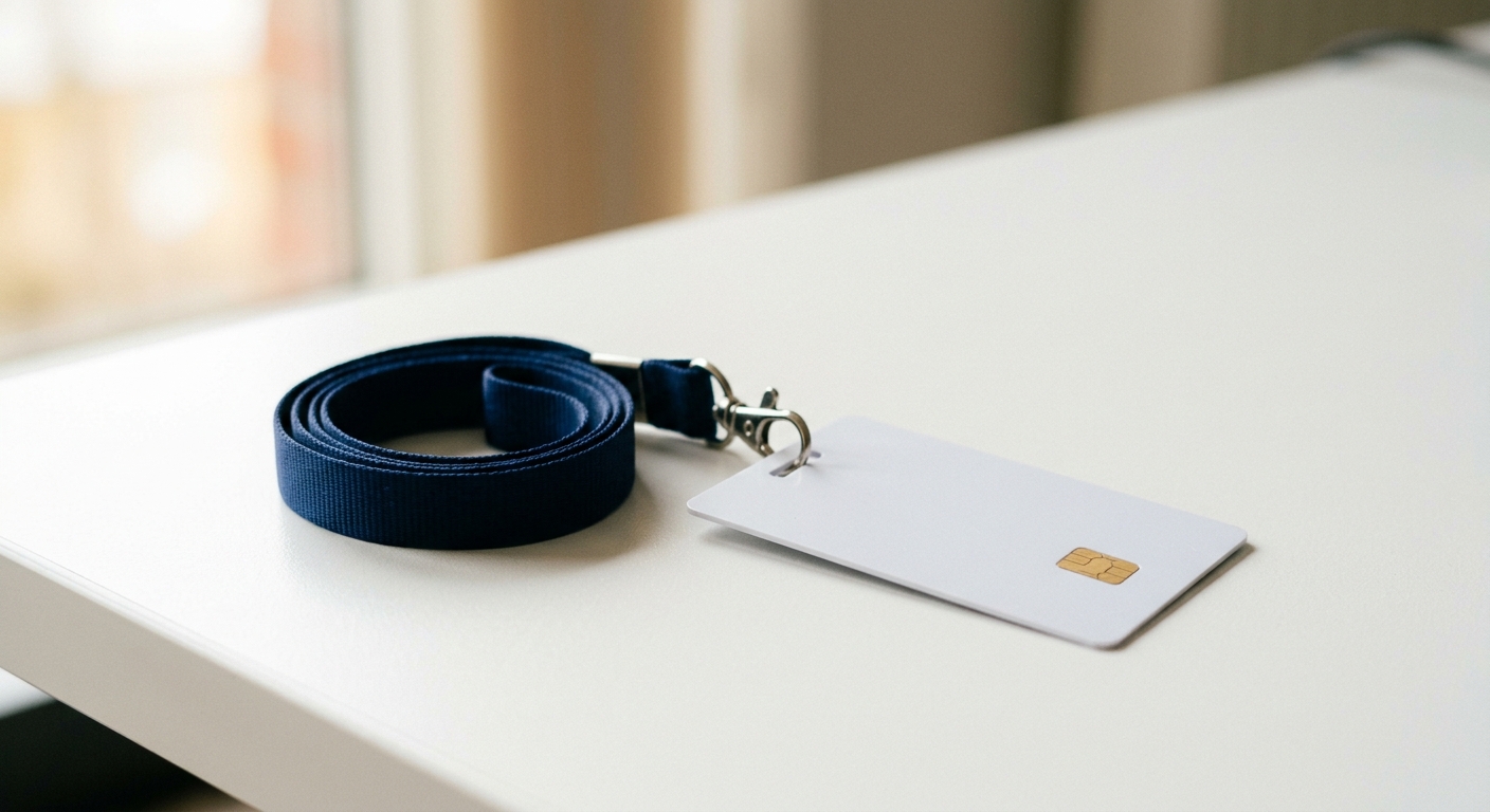 World single security badge on a lanyard coiled on a clean white desk