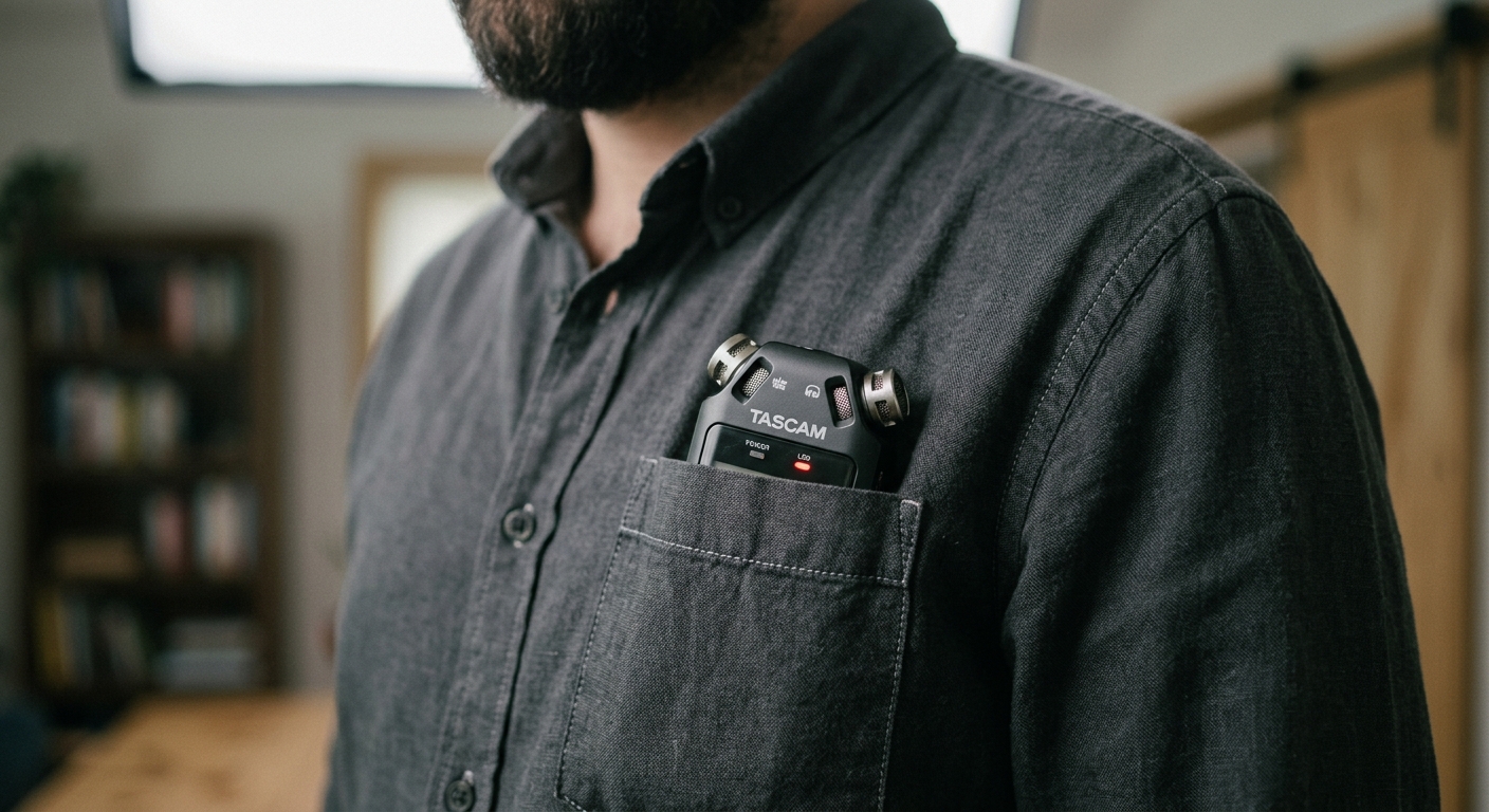 Nevada hand-held digital recorder in a shirt breast pocket, only the top edge visible