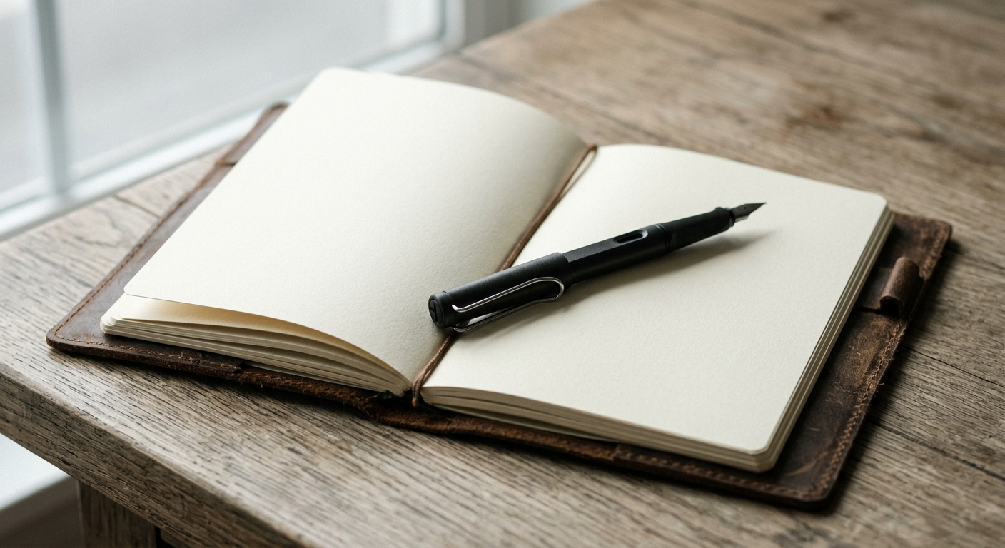 New Mexico pen resting across an open leather-bound notebook with blank cream pages