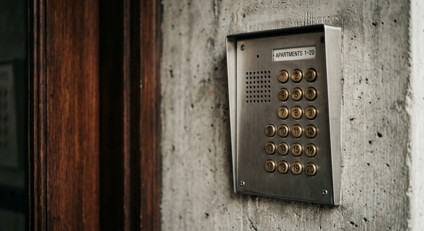 Nevada intercom panel with numbered buttons mounted on an apartment building entrance