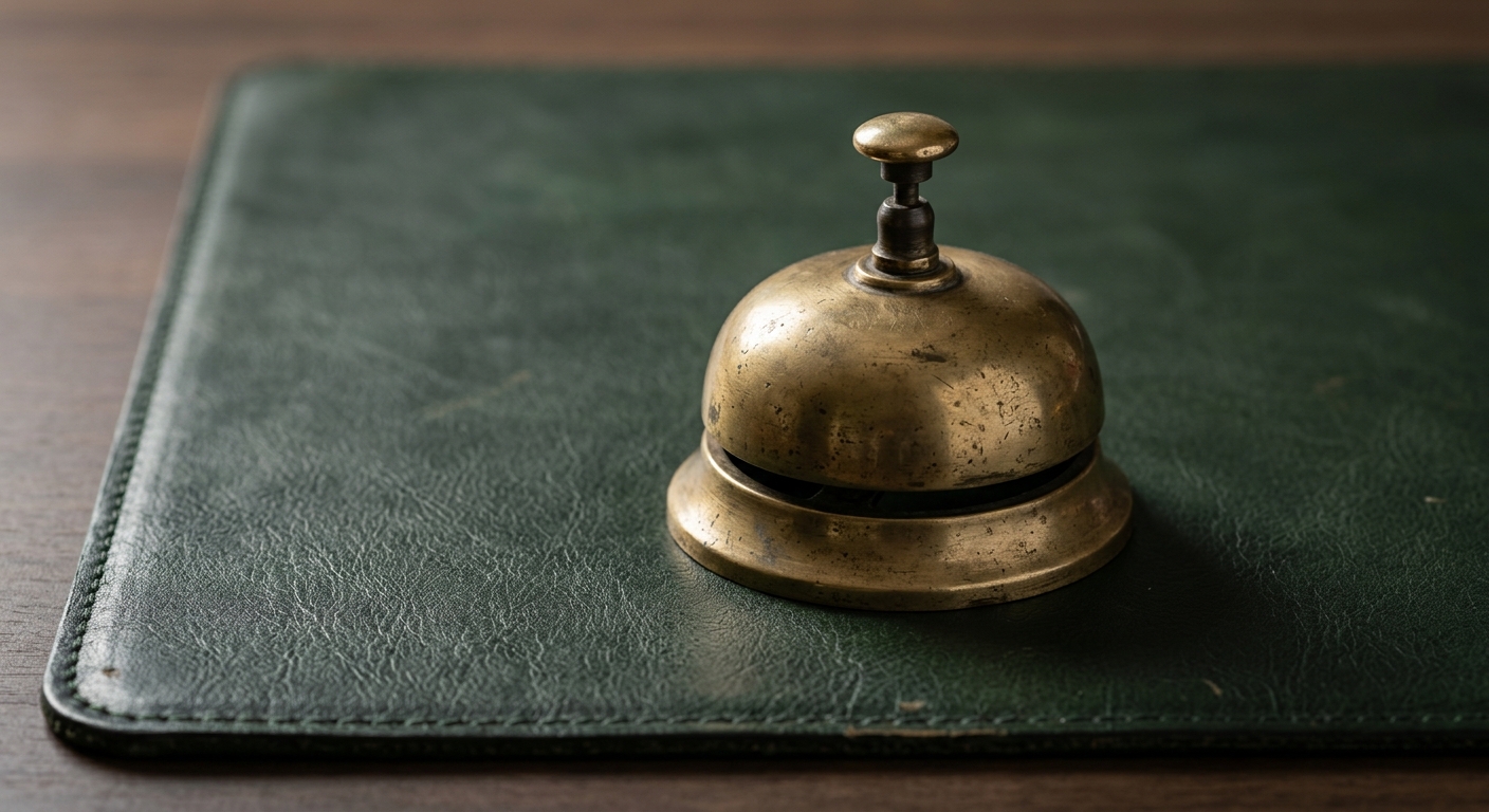 Nevada vintage brass desk bell on a dark green leather desk mat
