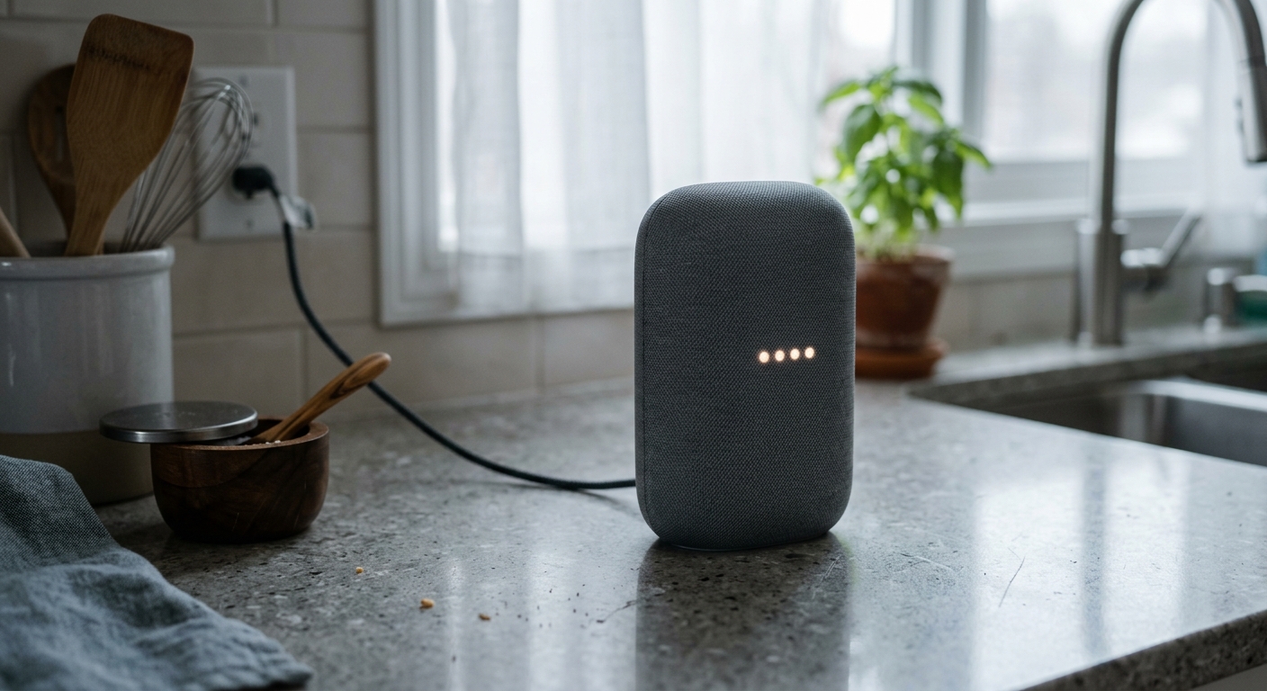 Nevada modern smart speaker device sitting on a kitchen countertop