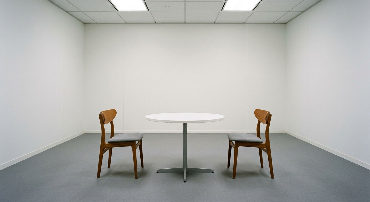 World two chairs facing each other across a small round table in an office meeting room