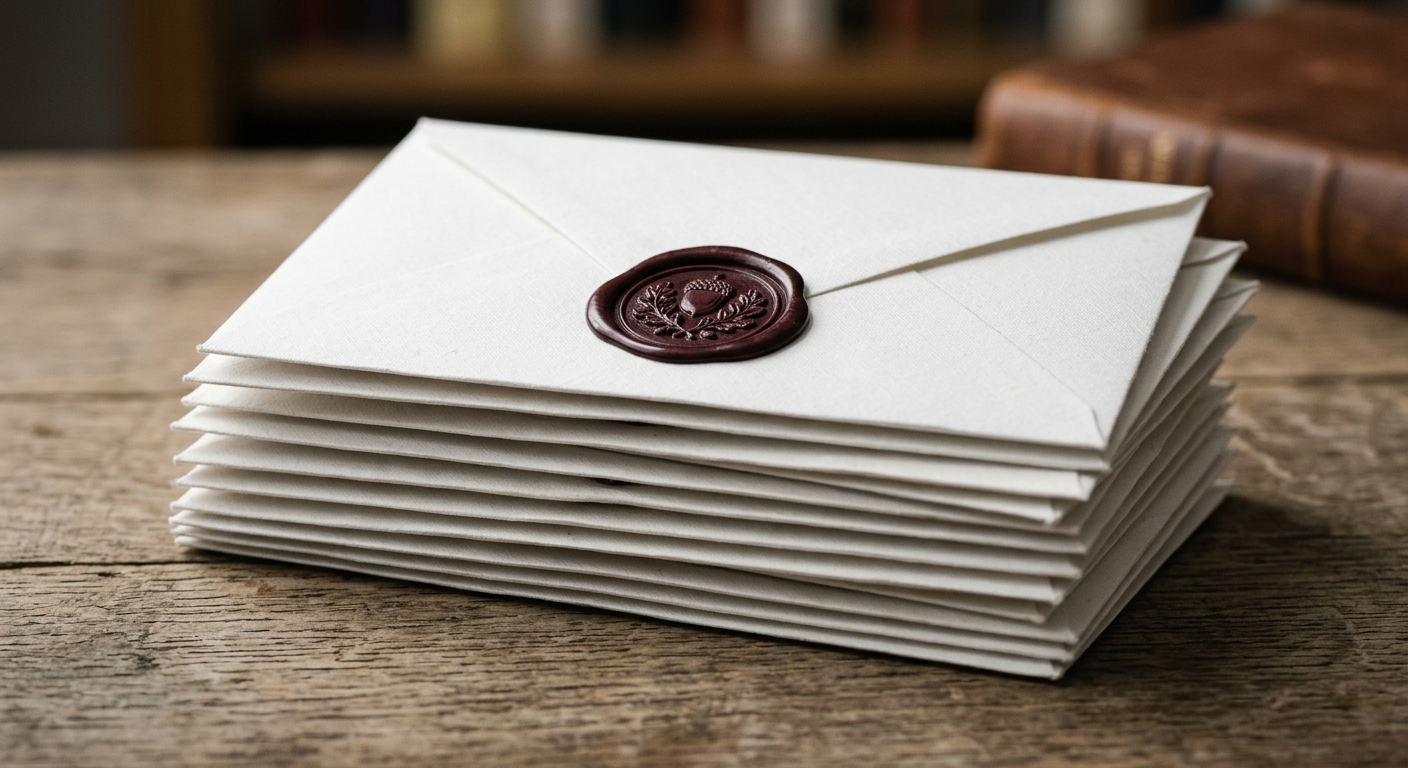World stack of sealed white envelopes with a wax seal visible on the top one