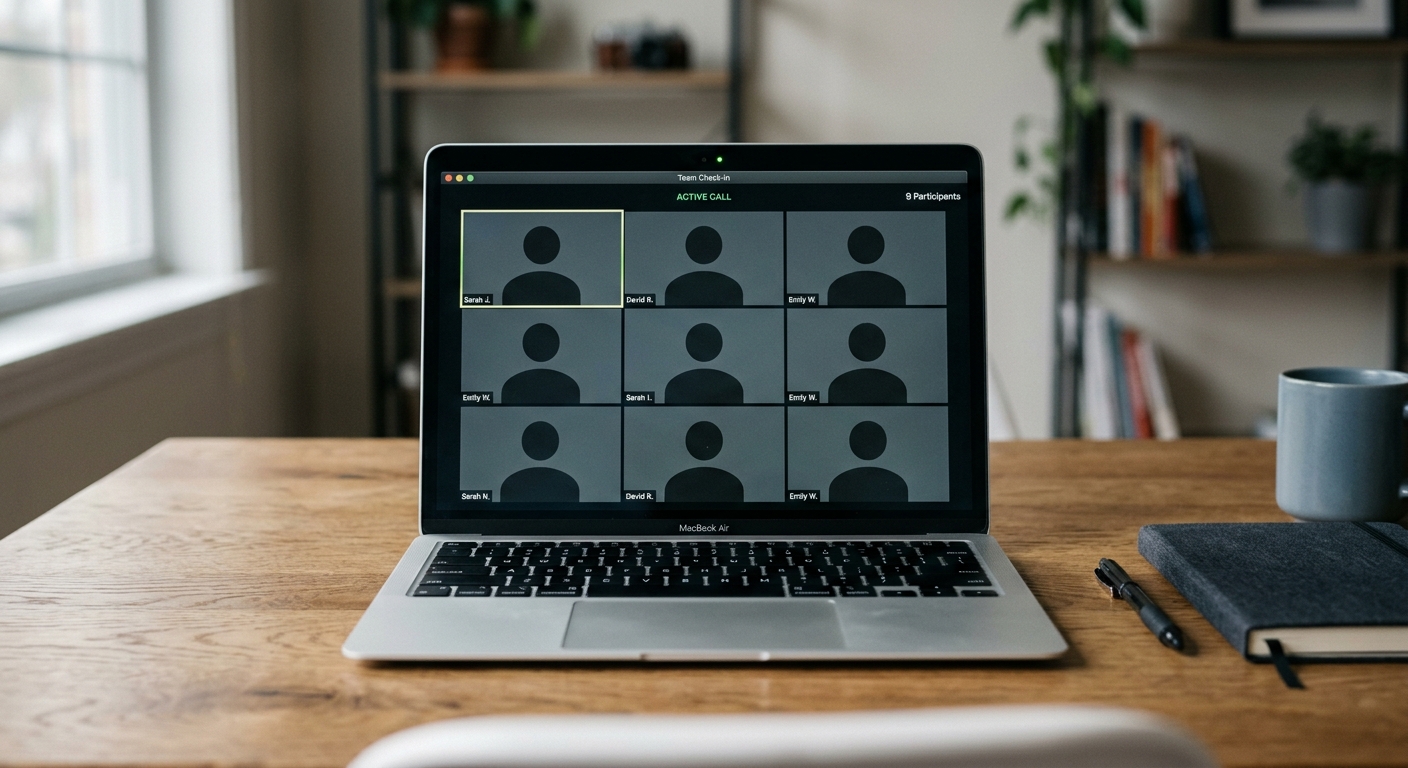 Rhode Island laptop screen showing a simple video call grid with placeholder silhouettes, cam