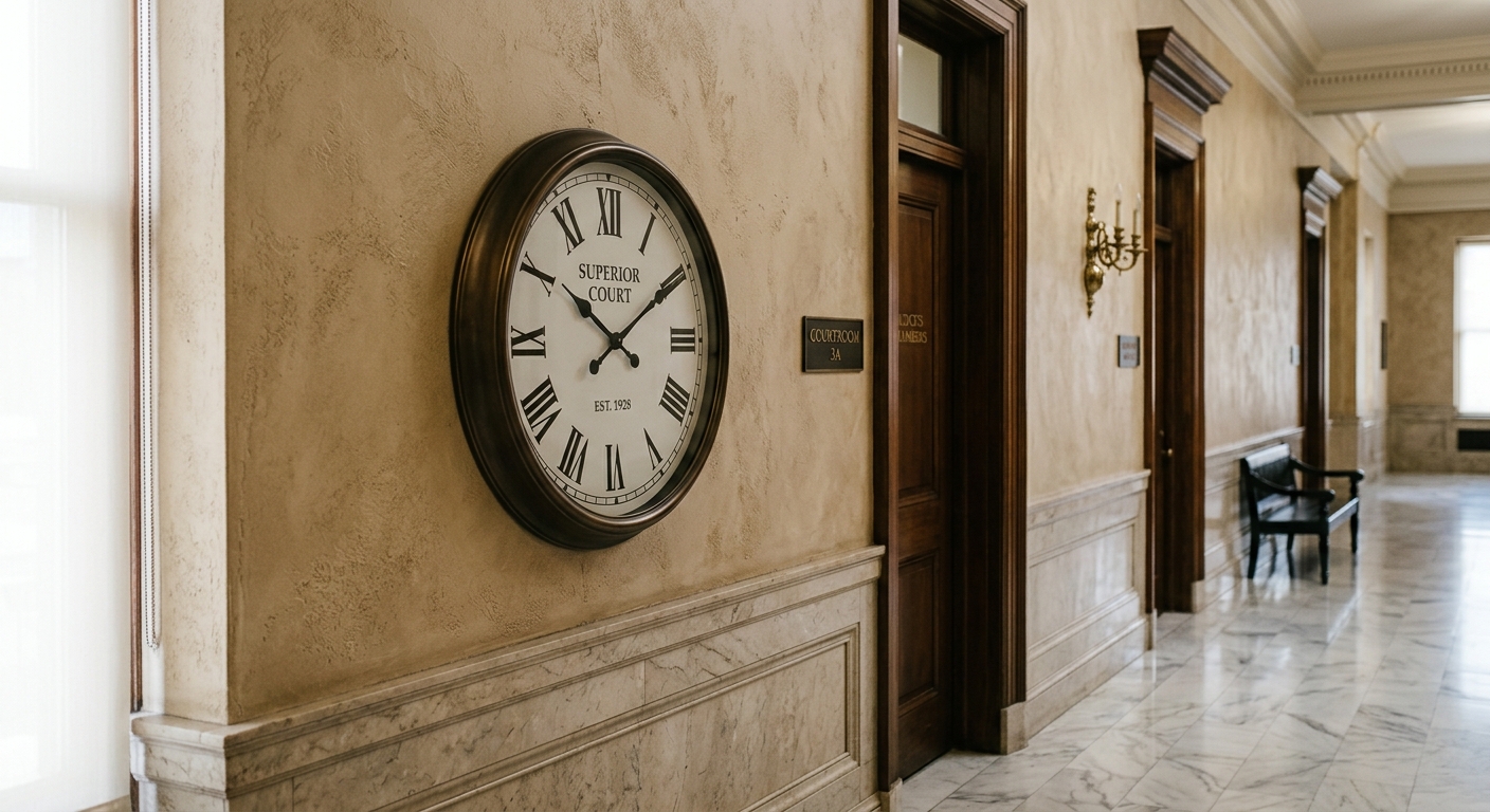 North Dakota wall-mounted analog clock in a courthouse hallway with marble floors