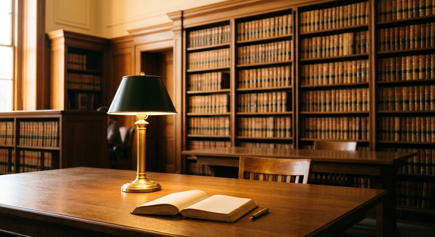 law library reading room with a brass desk lamp and rows of legal volumes