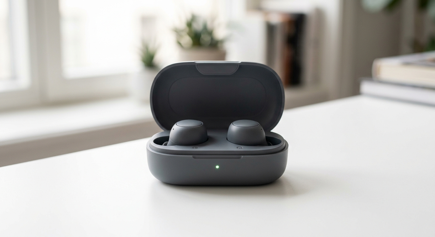 Wireless earbuds in an open charging case on a white desk