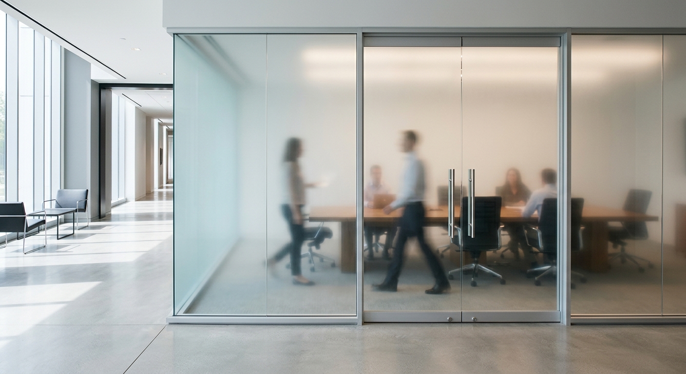 glass-walled corporate conference room with figures seated around a table behind translucent doors