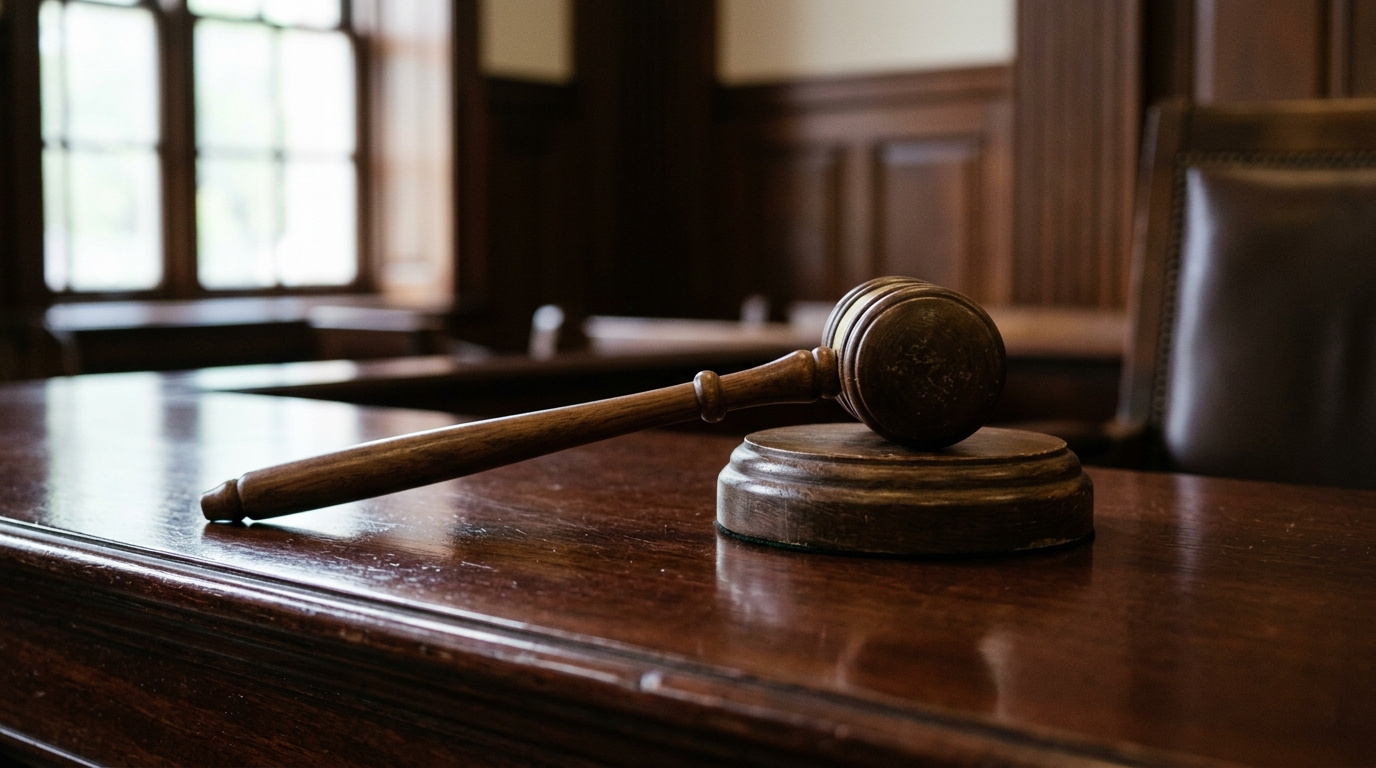 One-party consent: wooden gavel on a sound block on a judge's bench