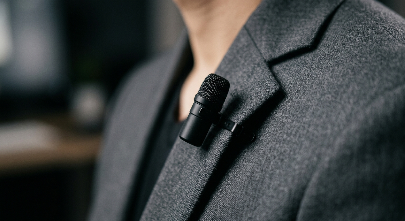 Black lapel microphone clipped to the lapel of a charcoal wool blazer, worn by a person seen from collarbone to shoulder