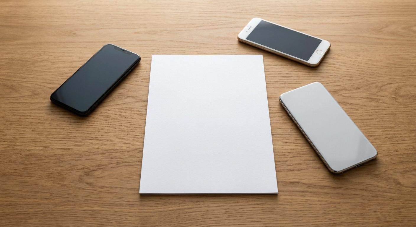 three smartphones arranged around a blank sheet of paper on a wooden desk