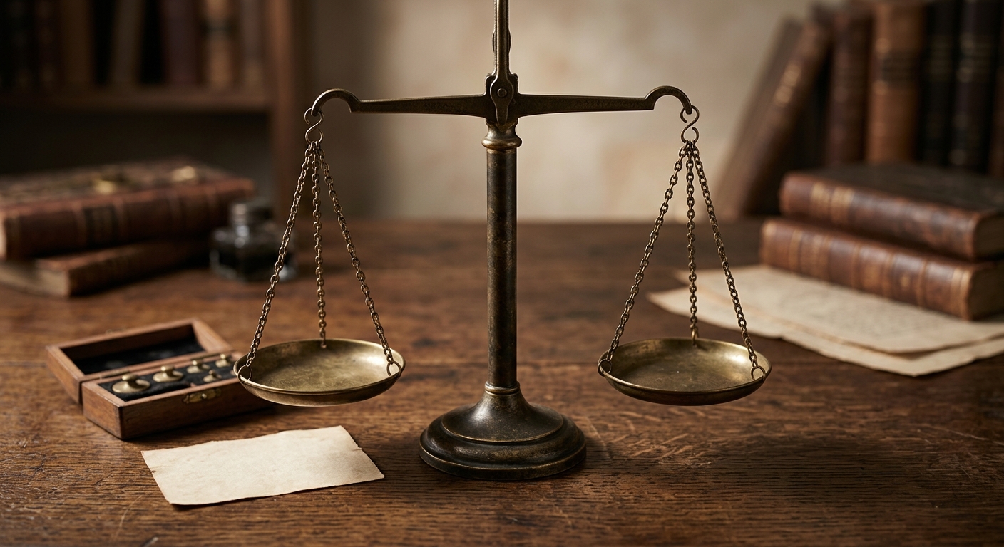 a brass set of balance scales on a wooden desk
