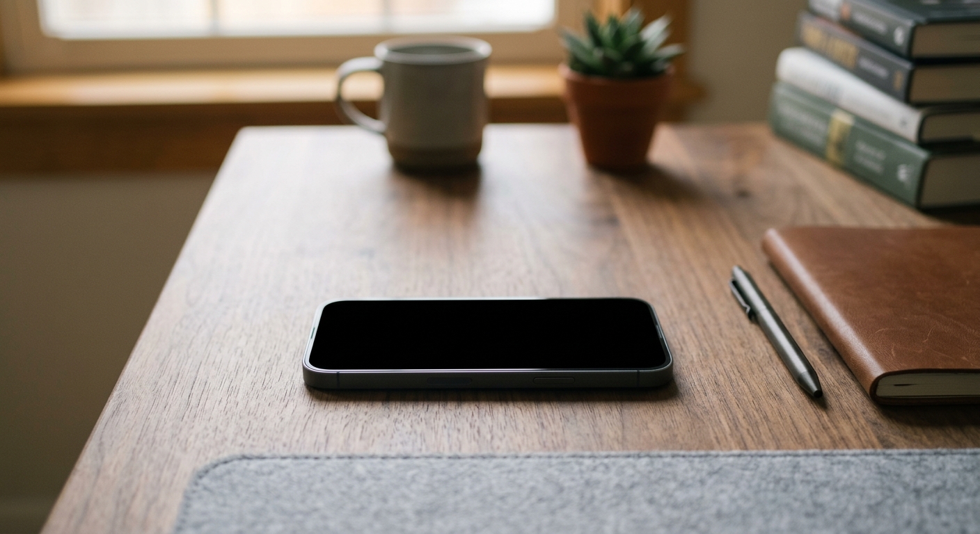 a smartphone face-up on a desk with a blank screen, no people