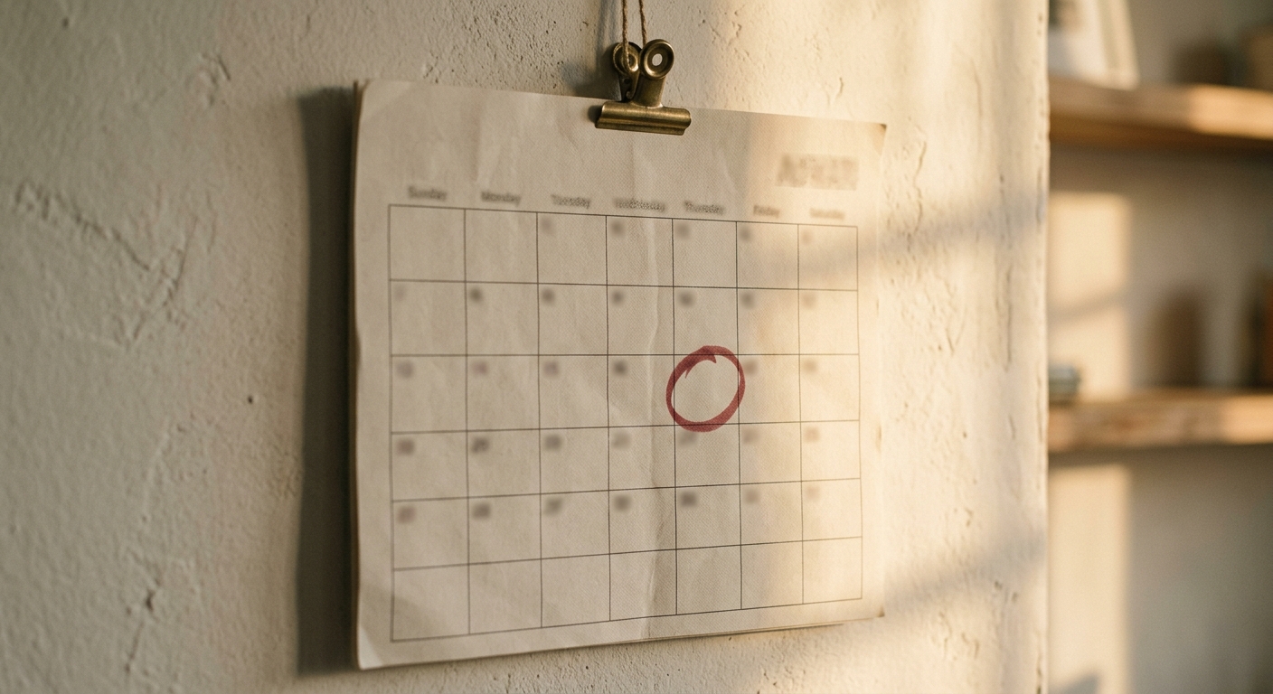 a wall calendar with one date circled in red marker, no people
