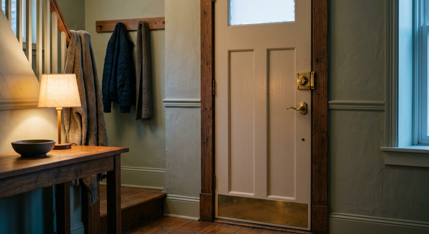 a front door with a deadbolt seen from inside, no people
