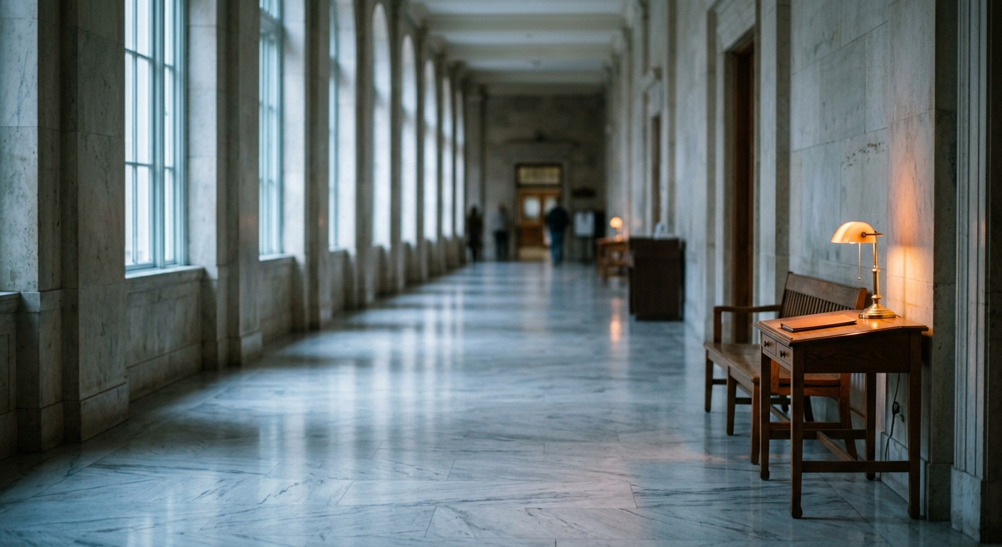 a courthouse hallway with marble floors and tall windows
