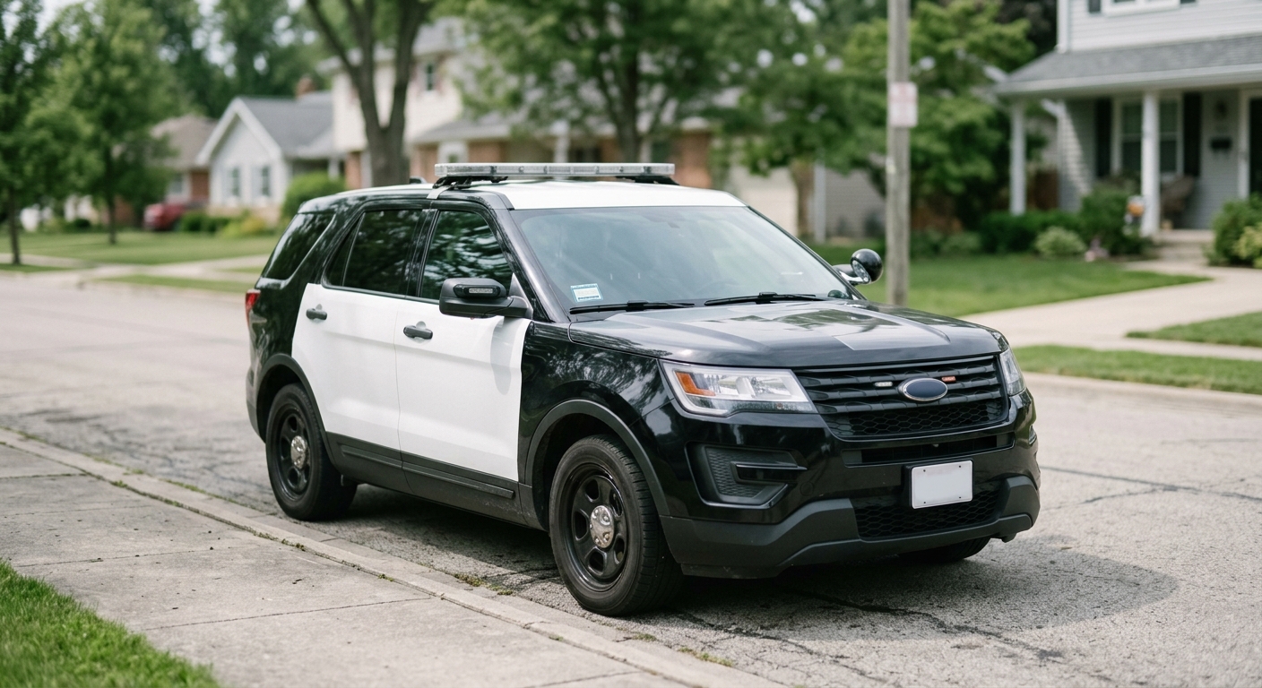 a police patrol car parked on a quiet street in daylight, no people