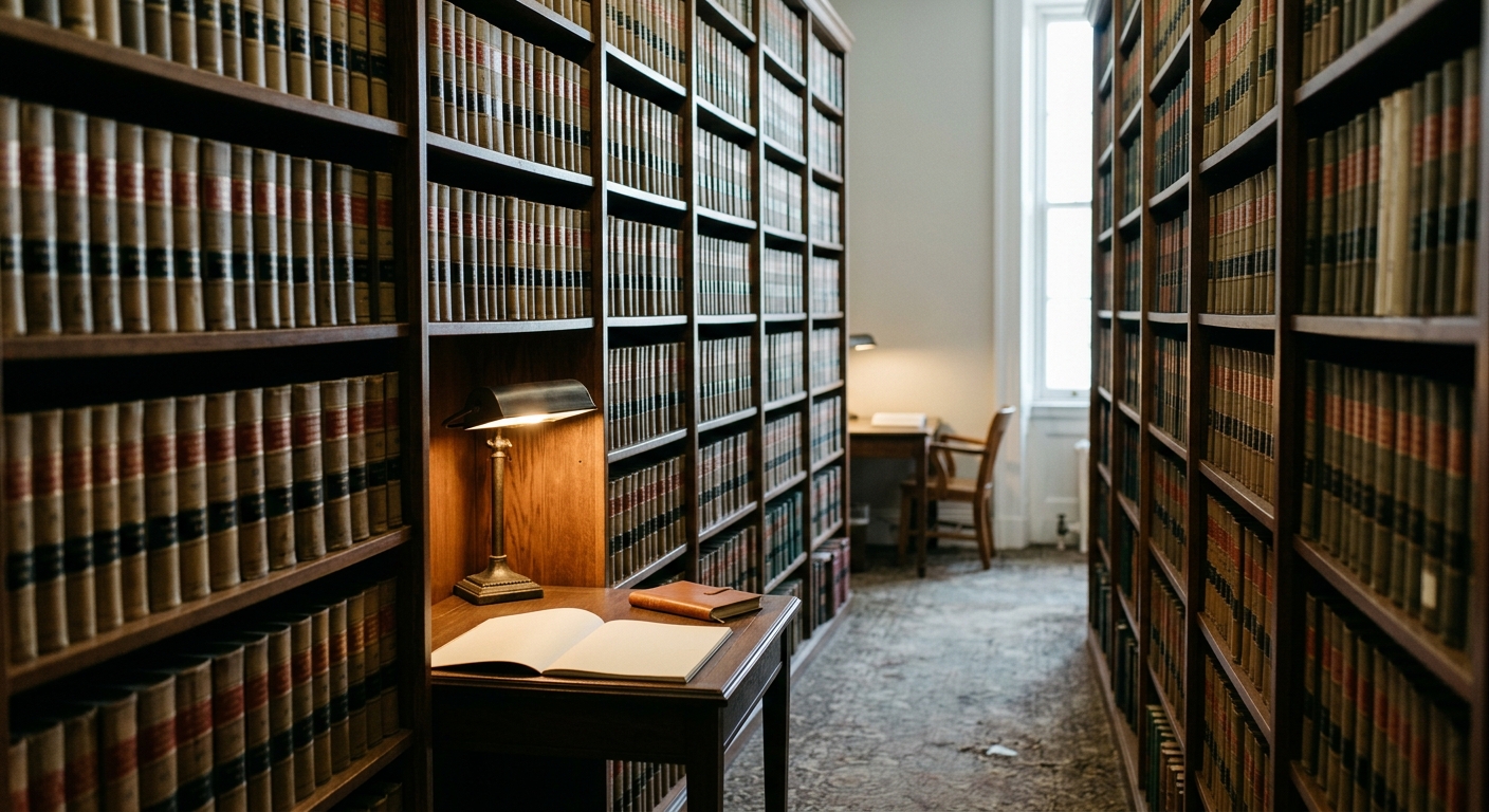 a quiet law library aisle with tall shelves of bound legal volumes