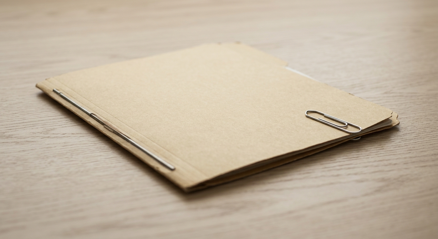 a closed manila folder with a paper clip on a clean desk