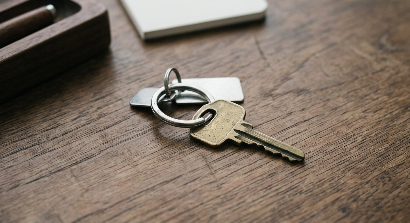a single key on a keyring resting on a wooden desk, no people