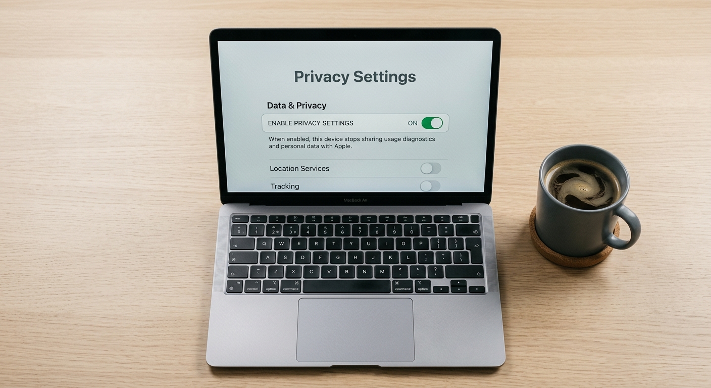 Laptop showing Privacy Settings screen, representing the importance of configuring Ring app privacy settings to comply with Hawaii's two-track consent framework