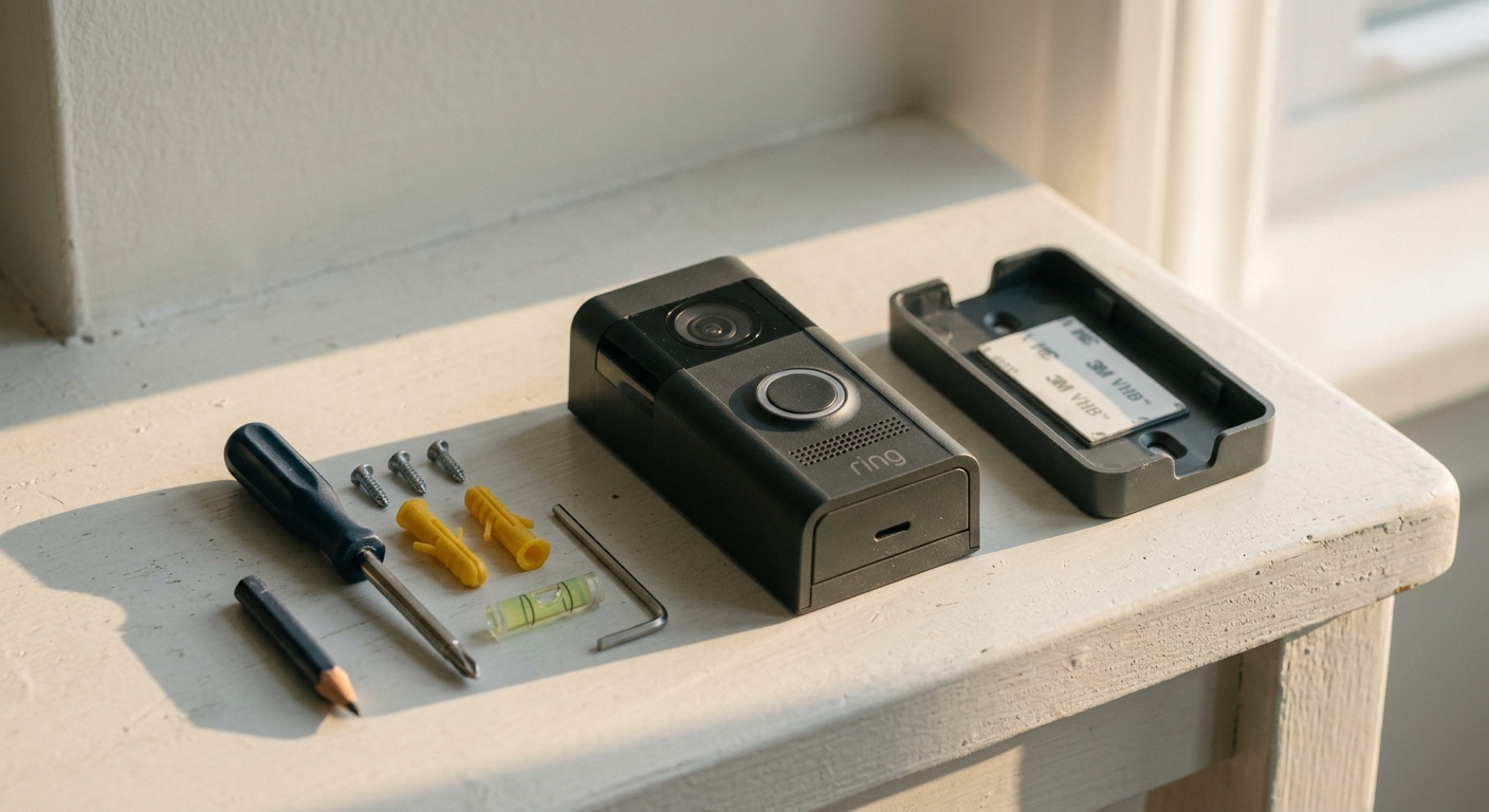 A Ring doorbell with its mounting bracket and installation hardware laid out on a surface