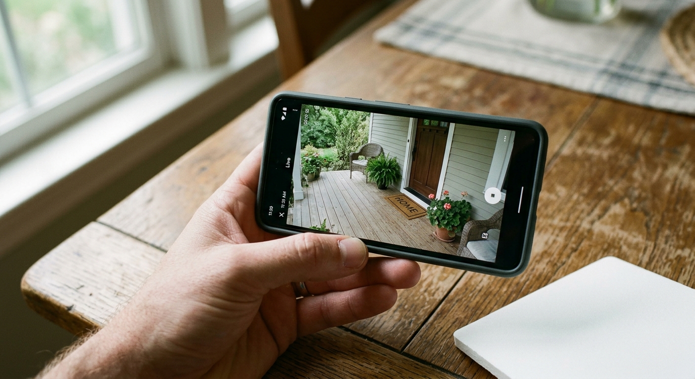 A smartphone on a kitchen counter showing a doorbell notification with a visitor on screen