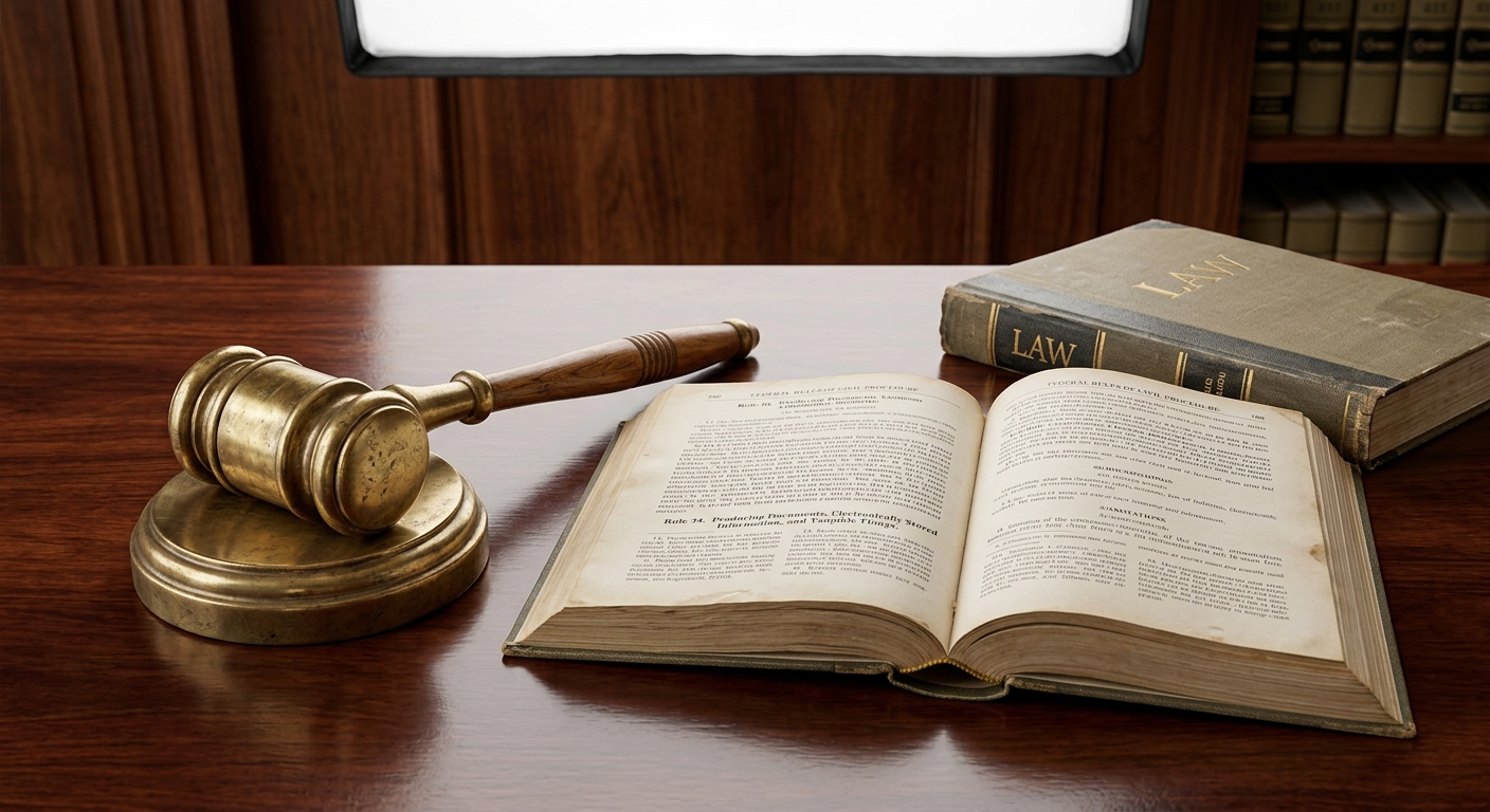 A gavel resting beside an open law book on a wooden desk
