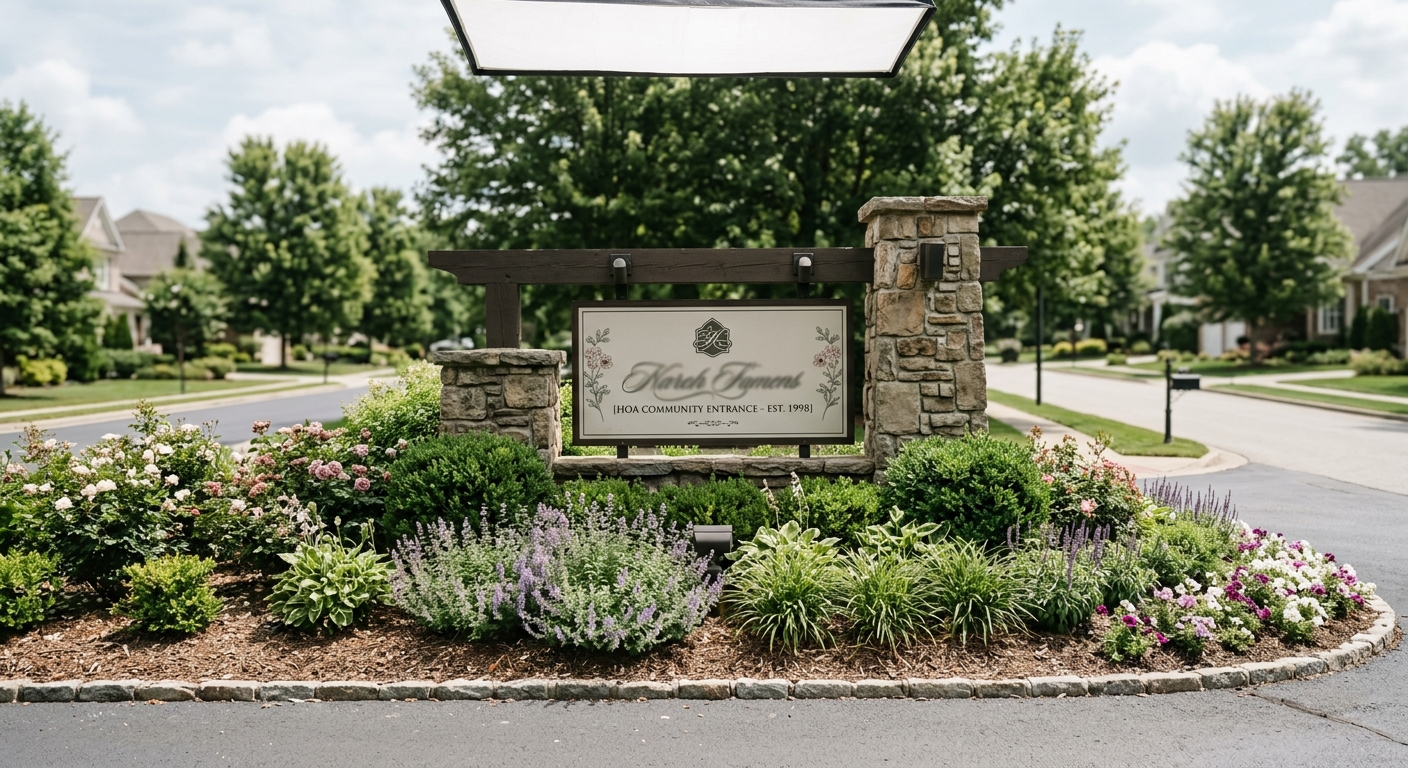 An HOA community entrance sign surrounded by landscaped gardens