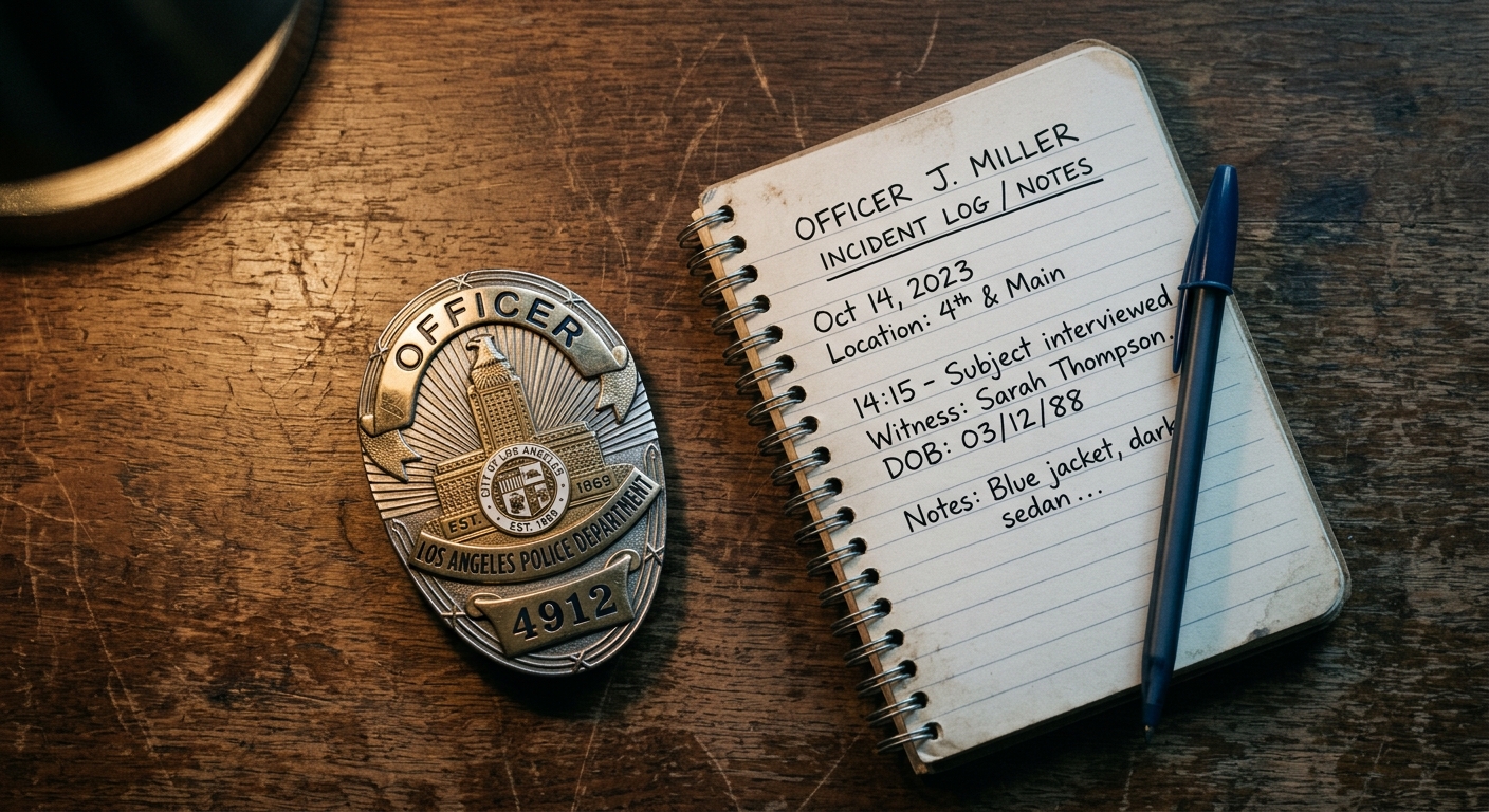 Ohio police badge and incident log notebook representing law enforcement access to Ring footage