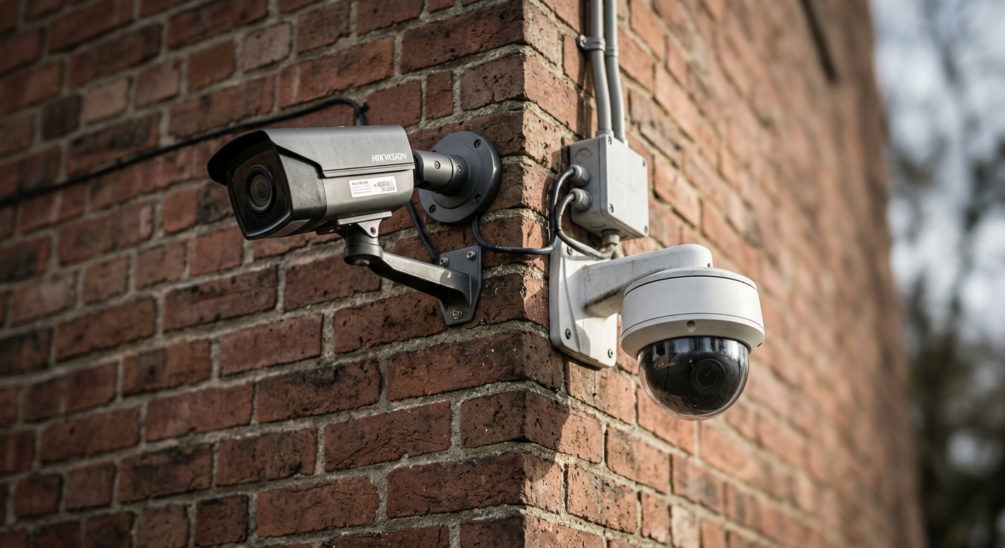 Two security cameras mounted on a brick wall illustrating DC video surveillance law