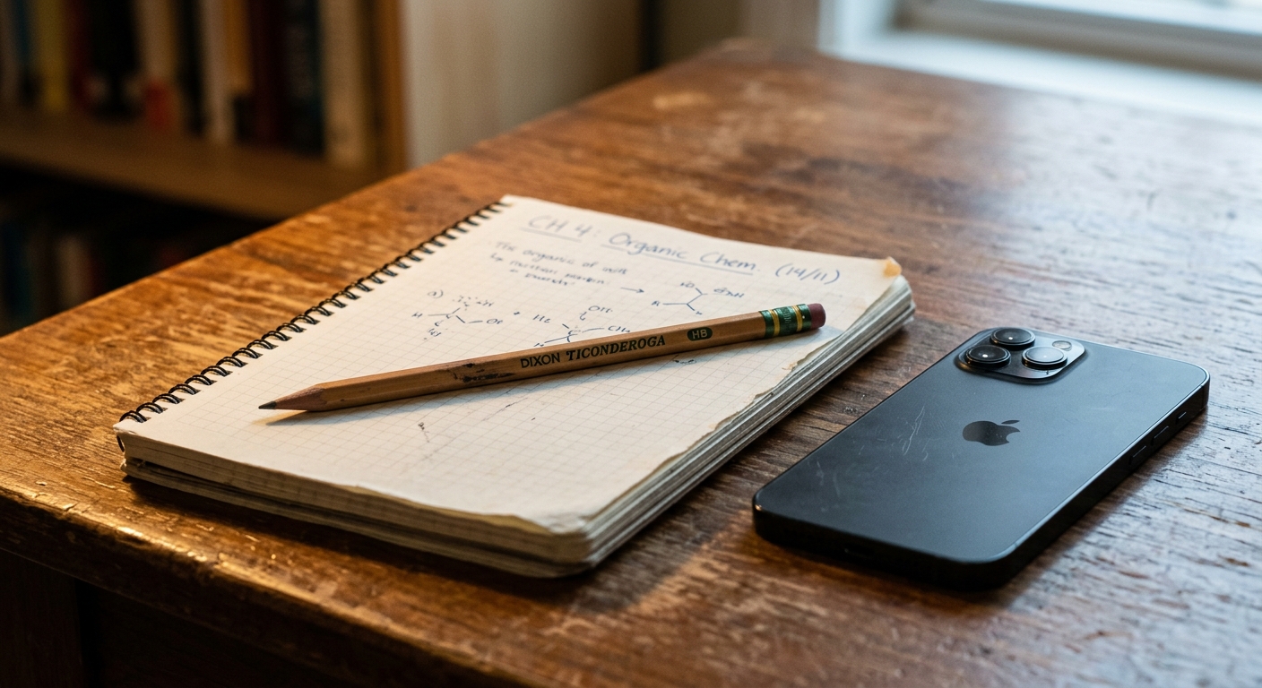 Delaware student desk with a notebook, pencil, and smartphone lying face down