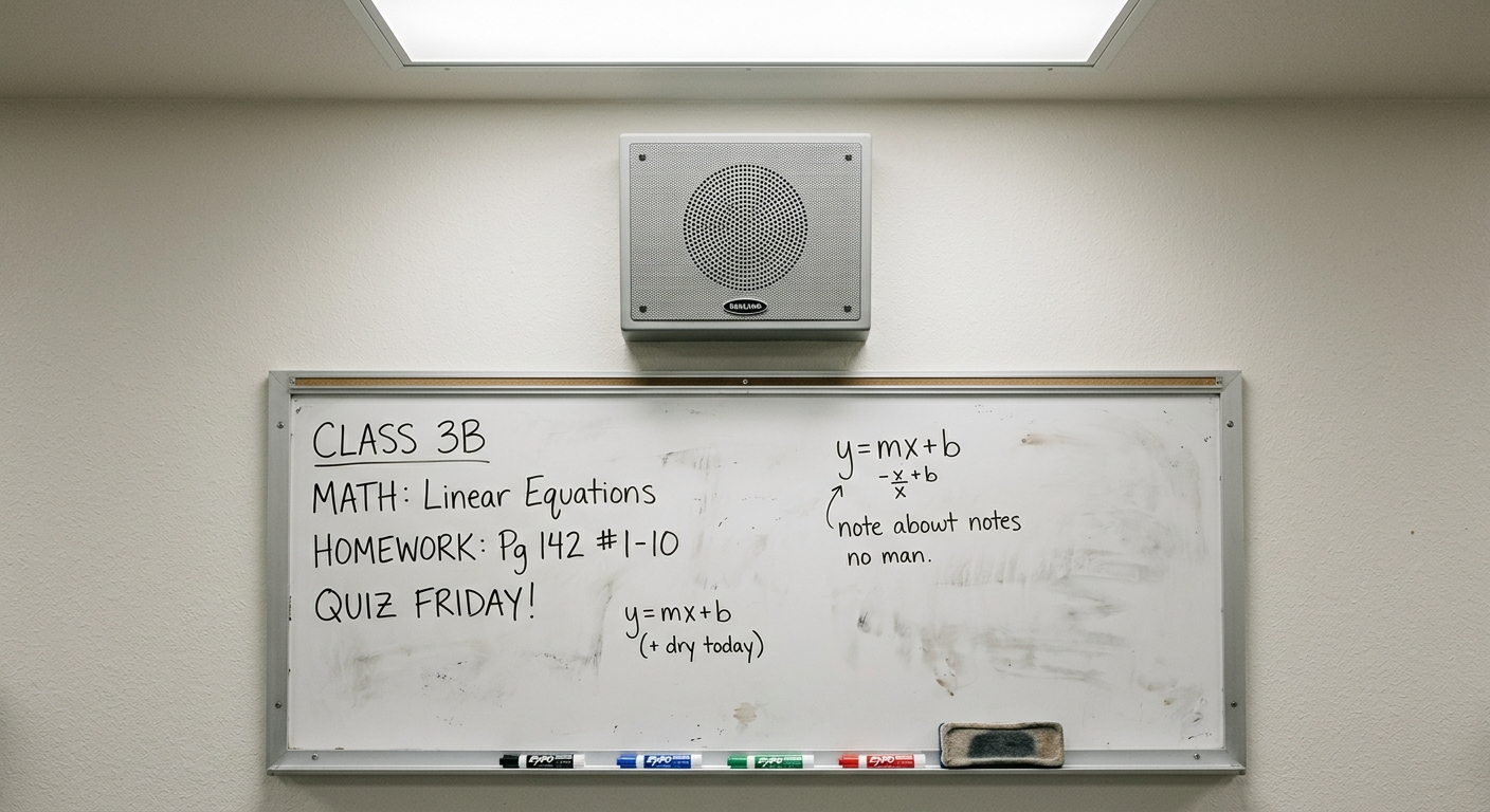 Delaware school pa system speaker mounted on a classroom wall above the whiteboard