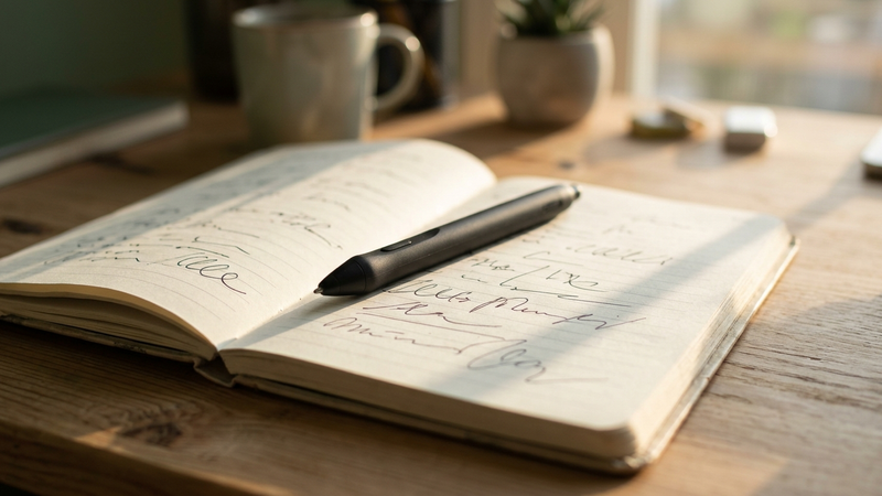 Kansas smart pen on a notebook page with handwritten notes, desk setting