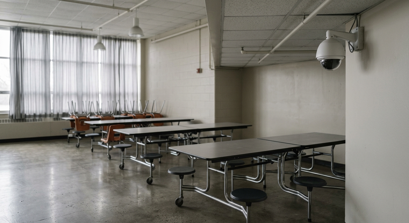 Nevada school cafeteria with empty tables and a ceiling-mounted camera in the corner