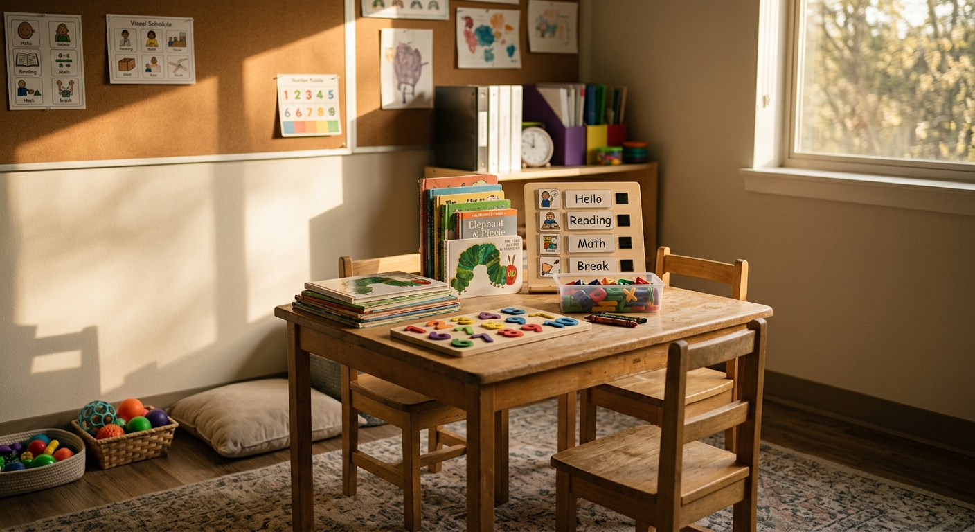Michigan special education resource room with a small table and learning materials