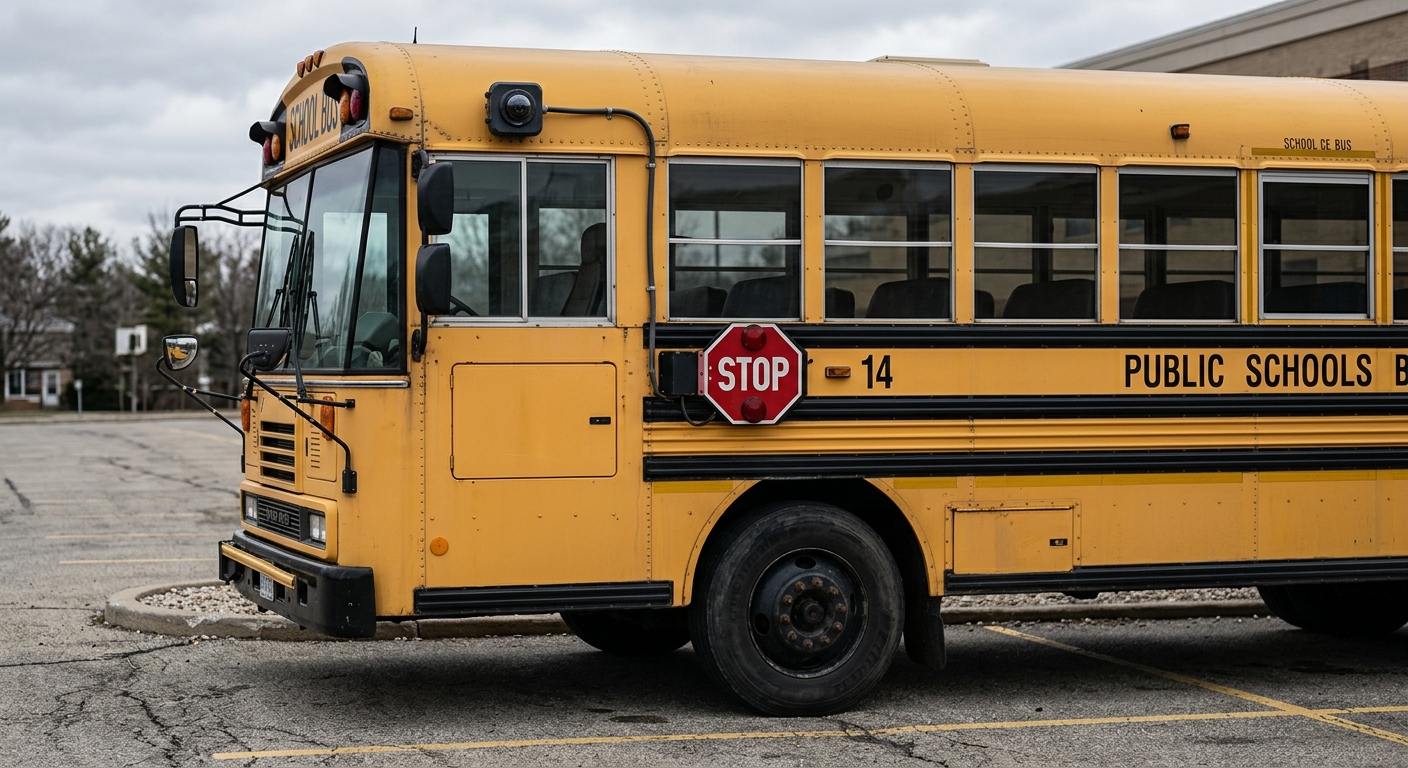 Oregon school bus exterior side view parked in a lot, camera visible on the exterior