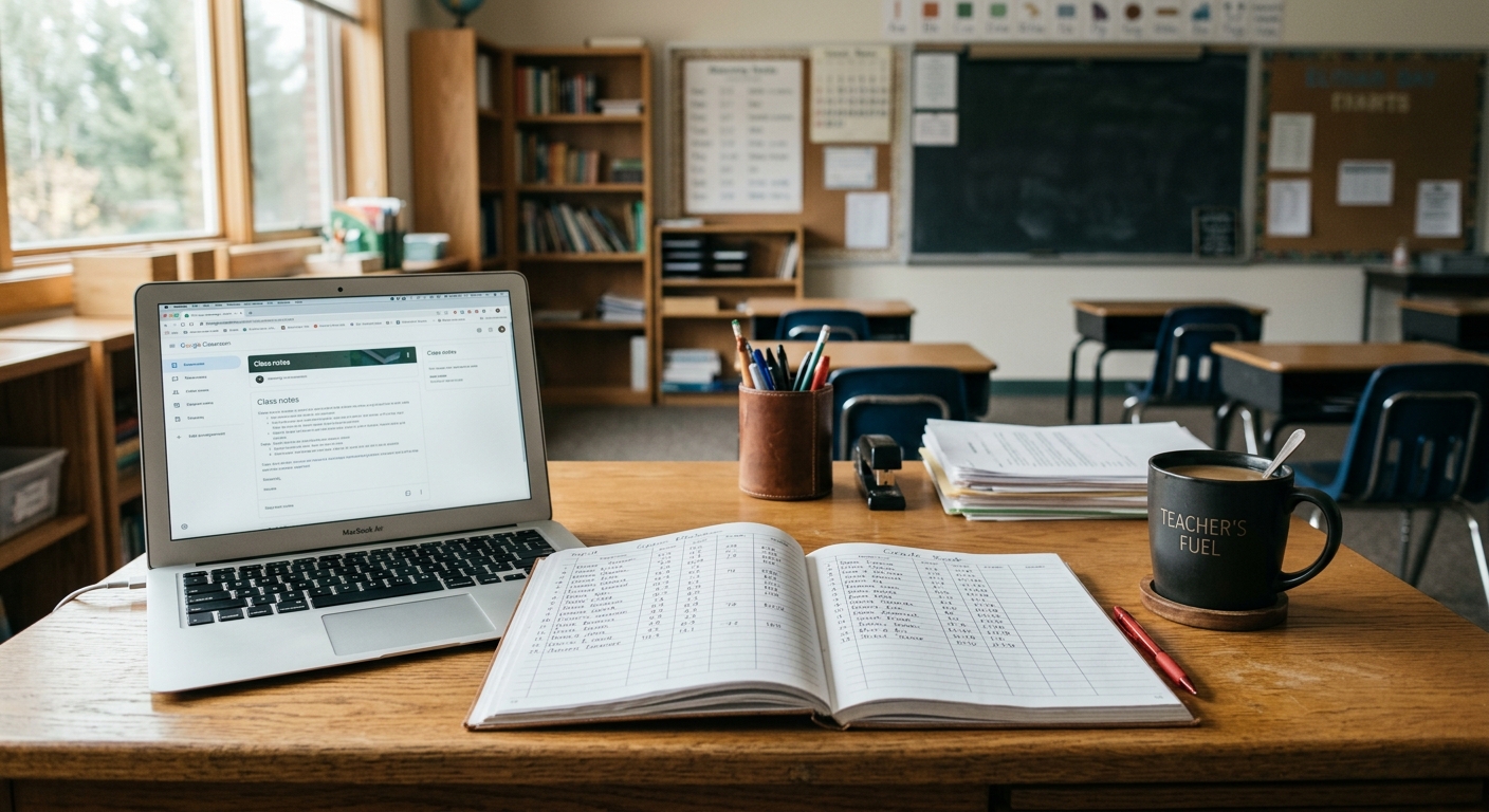West Virginia teacher desk with a grade book, coffee mug, and laptop, classroom background