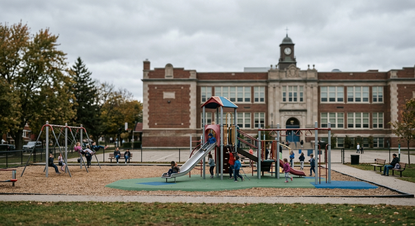 New Mexico playground equipment viewed from a distance with school building in background
