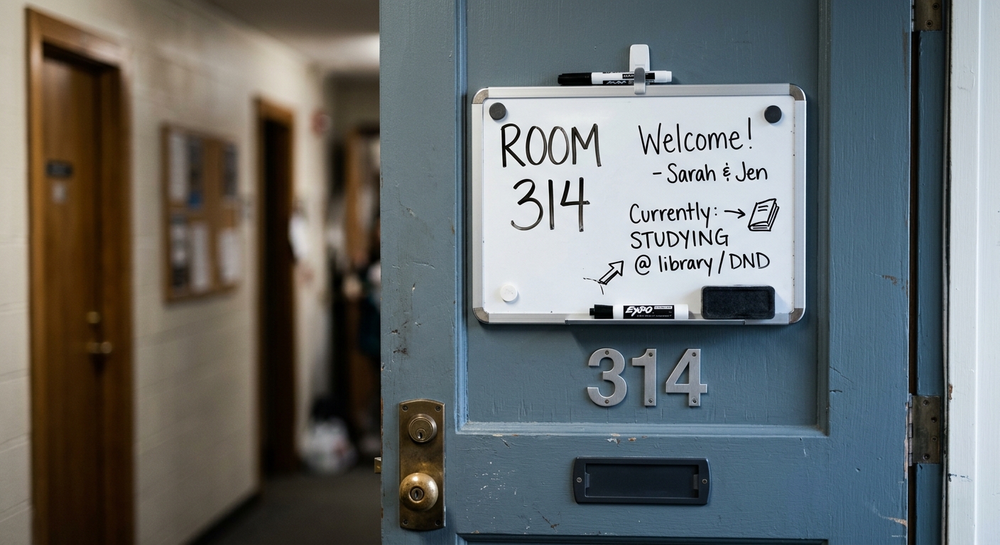 Iowa college dorm room door with a whiteboard and room number