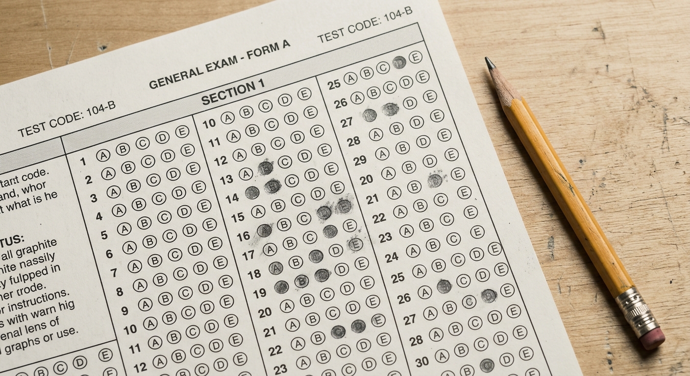 Virginia standardized test answer sheet with pencil marks, close-up on desk