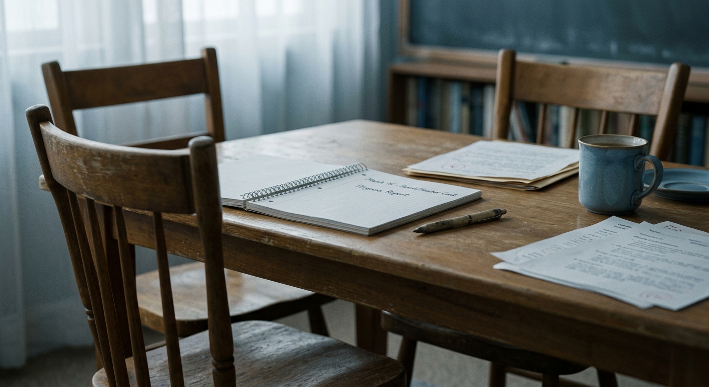 Connecticut parent-teacher conference table with two chairs facing each other