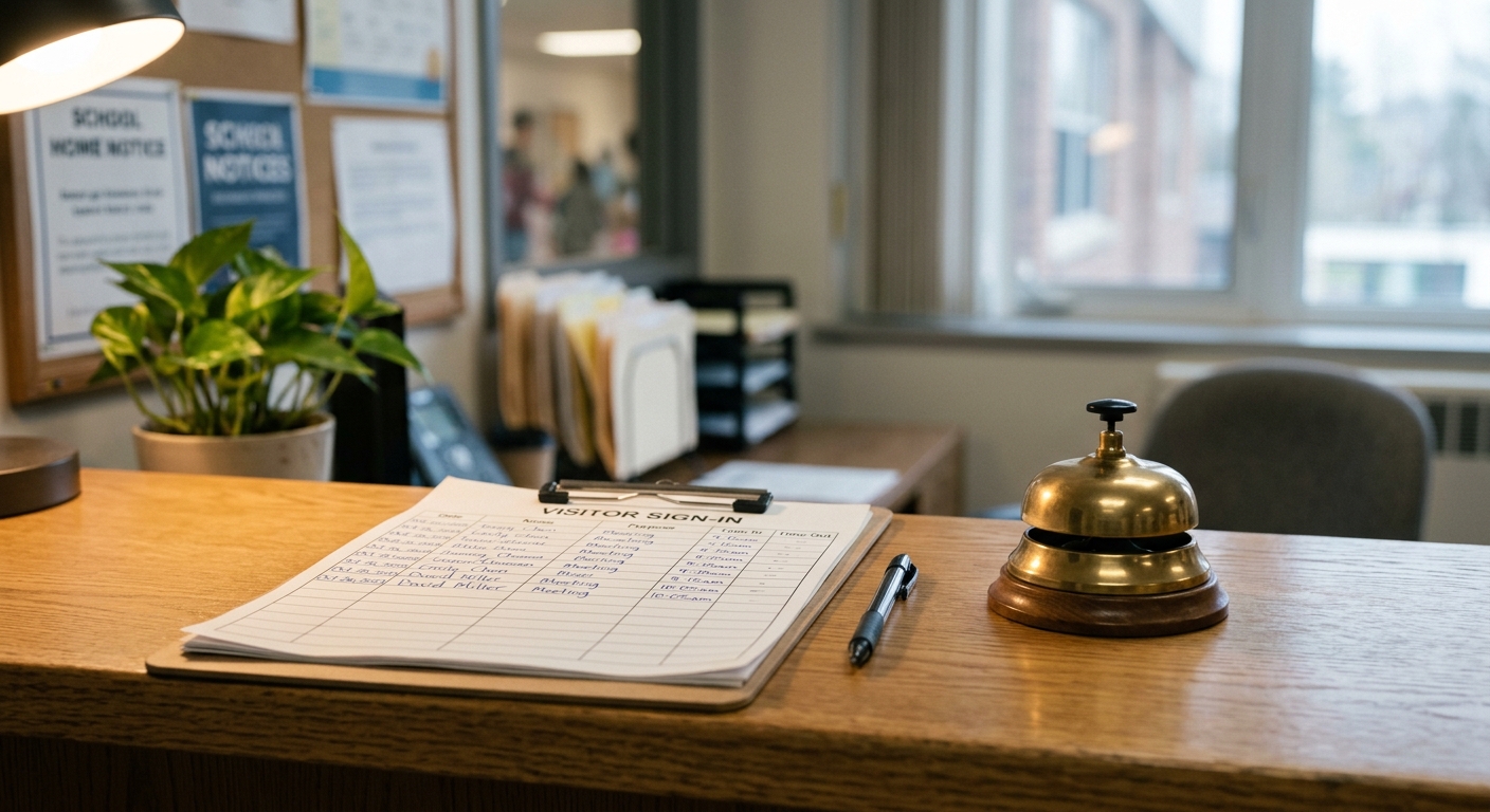 Virginia school office front desk with a sign-in sheet and bell