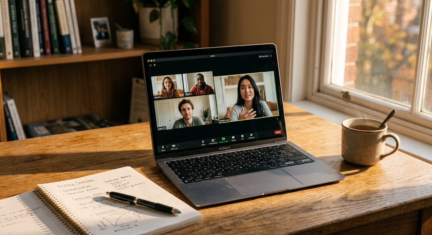North Dakota laptop open on a student desk showing a video call interface