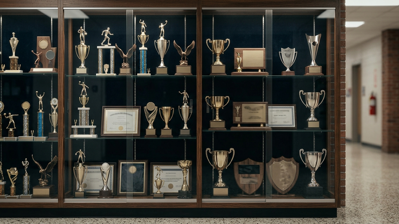 Massachusetts trophy case in a school hallway with glass doors and overhead lighting