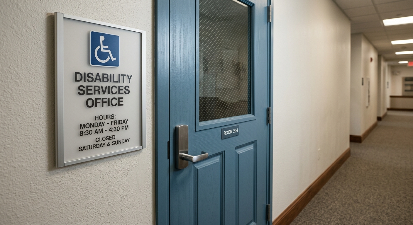 New Hampshire disability services office door with accessibility symbol and hours posted